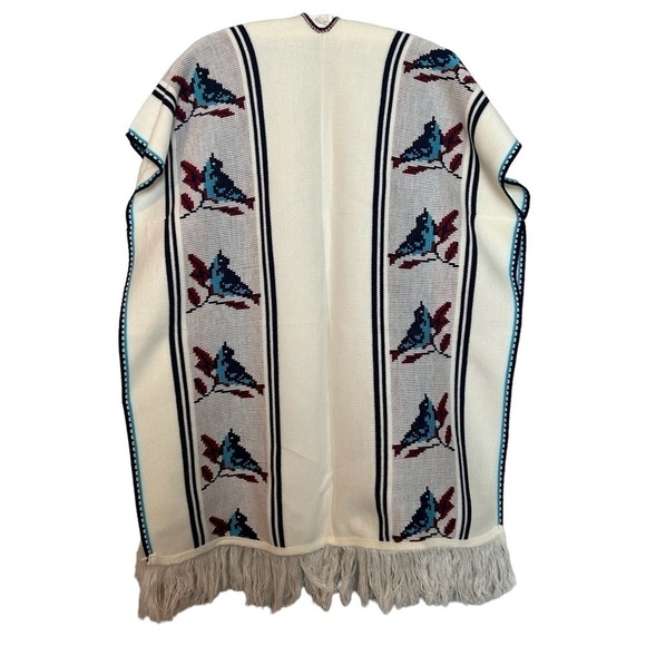Retro 60’s 70’s Rare Bluebird Boho Rug Western Poncho w/ Fringe Hem & Tie Front - Picture 4 of 16
